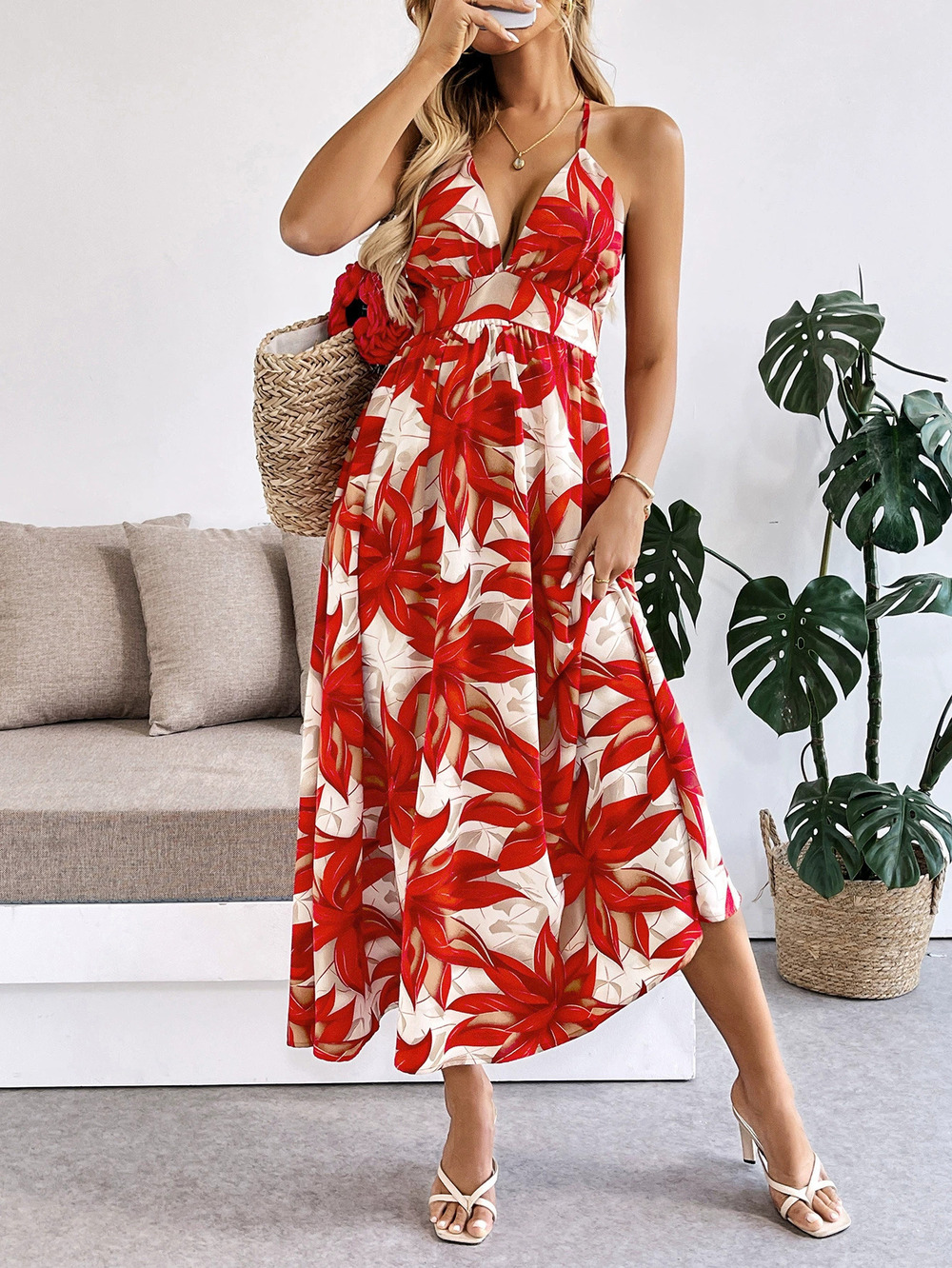 ZARA Casual Vacation Dress Summer Beach Maple Leaf Print Maxi Dress